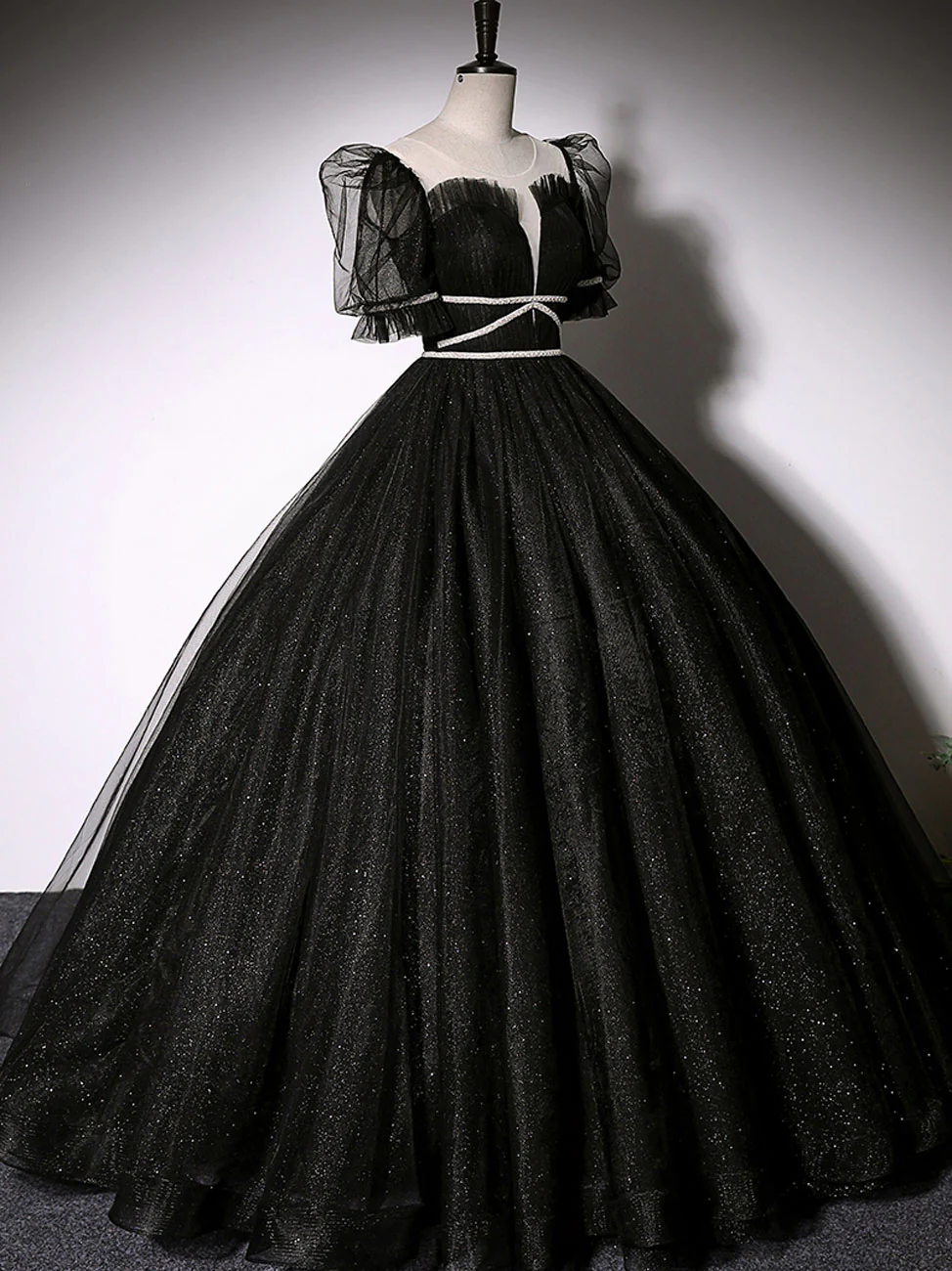 Black Scoop Neckline Long Prom Dress, Shiny Tulle Black Evening Dress - Deanwangkt
