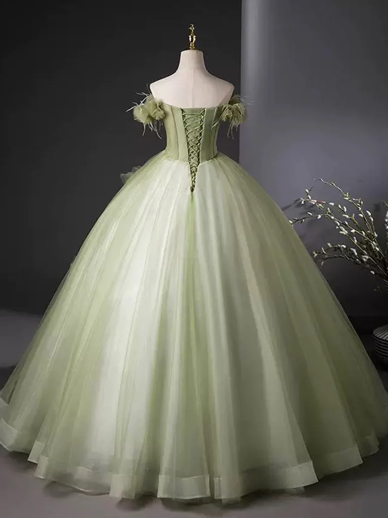 A-Line Off Shoulder Tulle Green Long Prom Dress, Green Long Evening Dress - Deanwangkt
