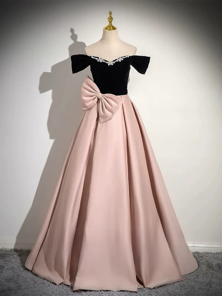 A-Line Off Shoulder Satin Pink Long Prom Dress, Pink Long Formal Dress - Deanwangkt