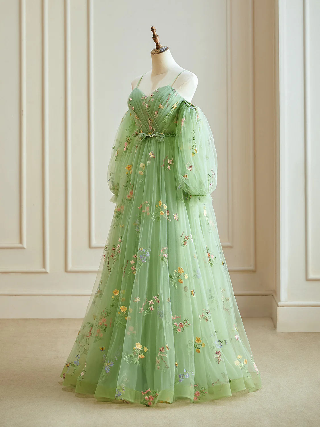 A-Line Sweetheart Neck Tulle Lace Green Long Prom Dress, Green Lace Long Formal Dress - Deanwangkt