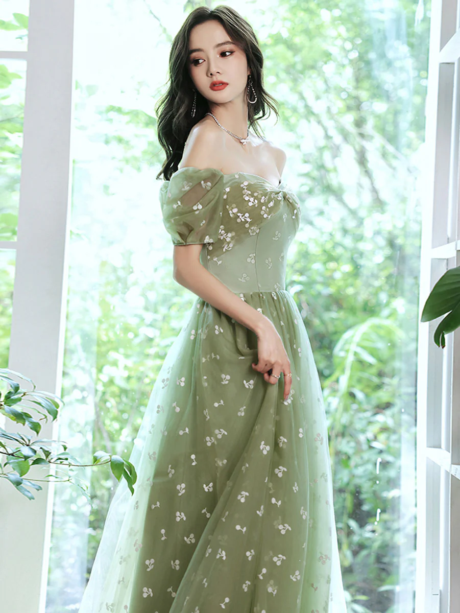 Green Tulle Long Prom Dress, Green A line Formal Graduation Dresses - Deanwangkt