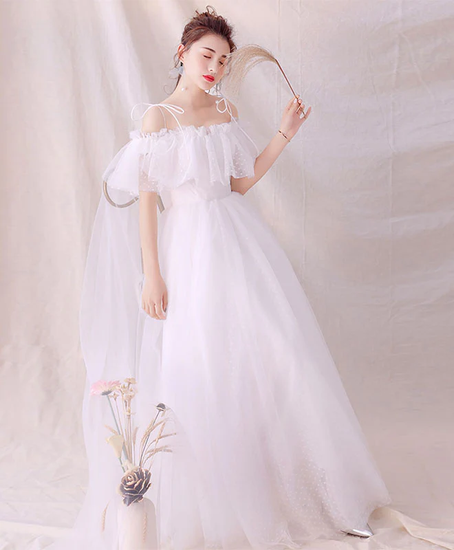 White Tulle Long Prom Dress, White Tulle Lace Evening Dress - Deanwangkt