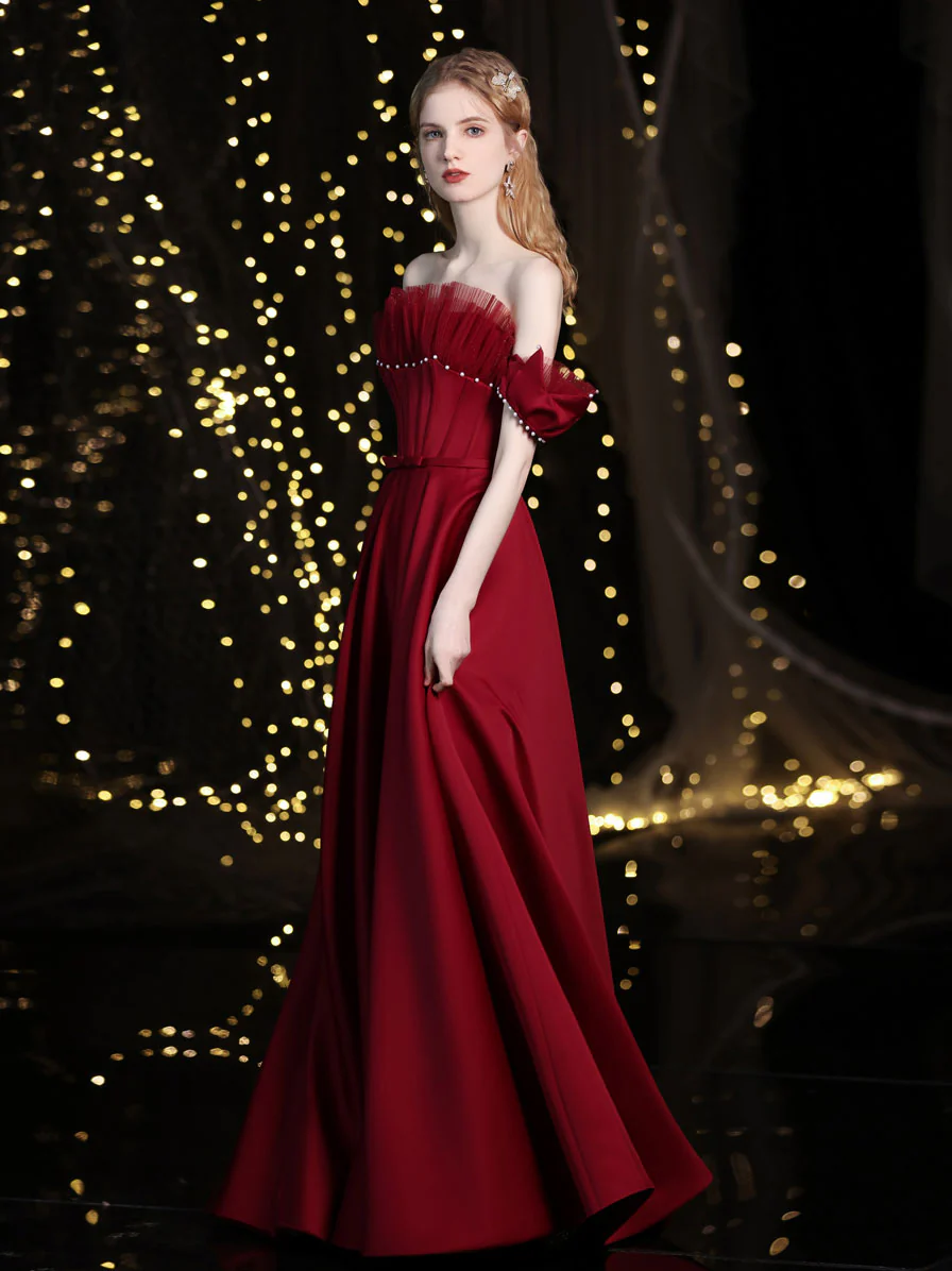 Simple Burgundy Off Shoulder Satin Long Prom Dress, Burgundy Evening Dress - Deanwangkt