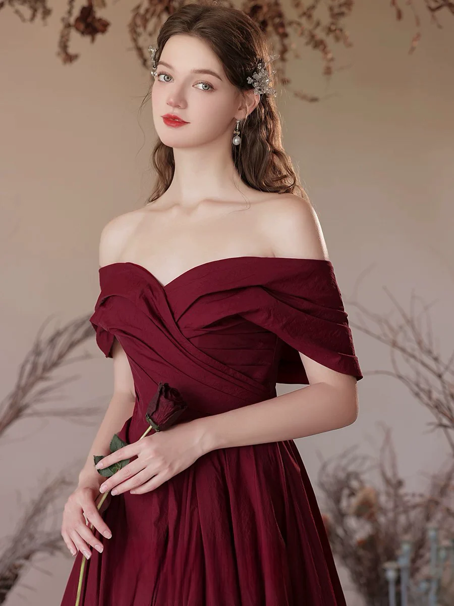 A-Line Off Shoulder Satin Burgundy Long Prom Dress, Burgundy Long Formal Dress - Deanwangkt