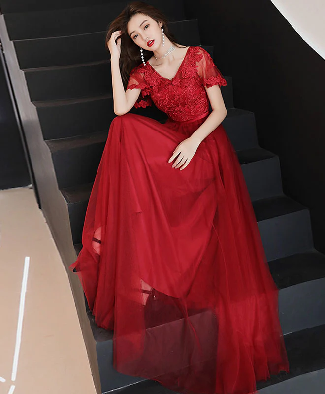 Simple Tulle Lace Long Prom Dress, Burgundy Bridesmaid Dress - Deanwangkt