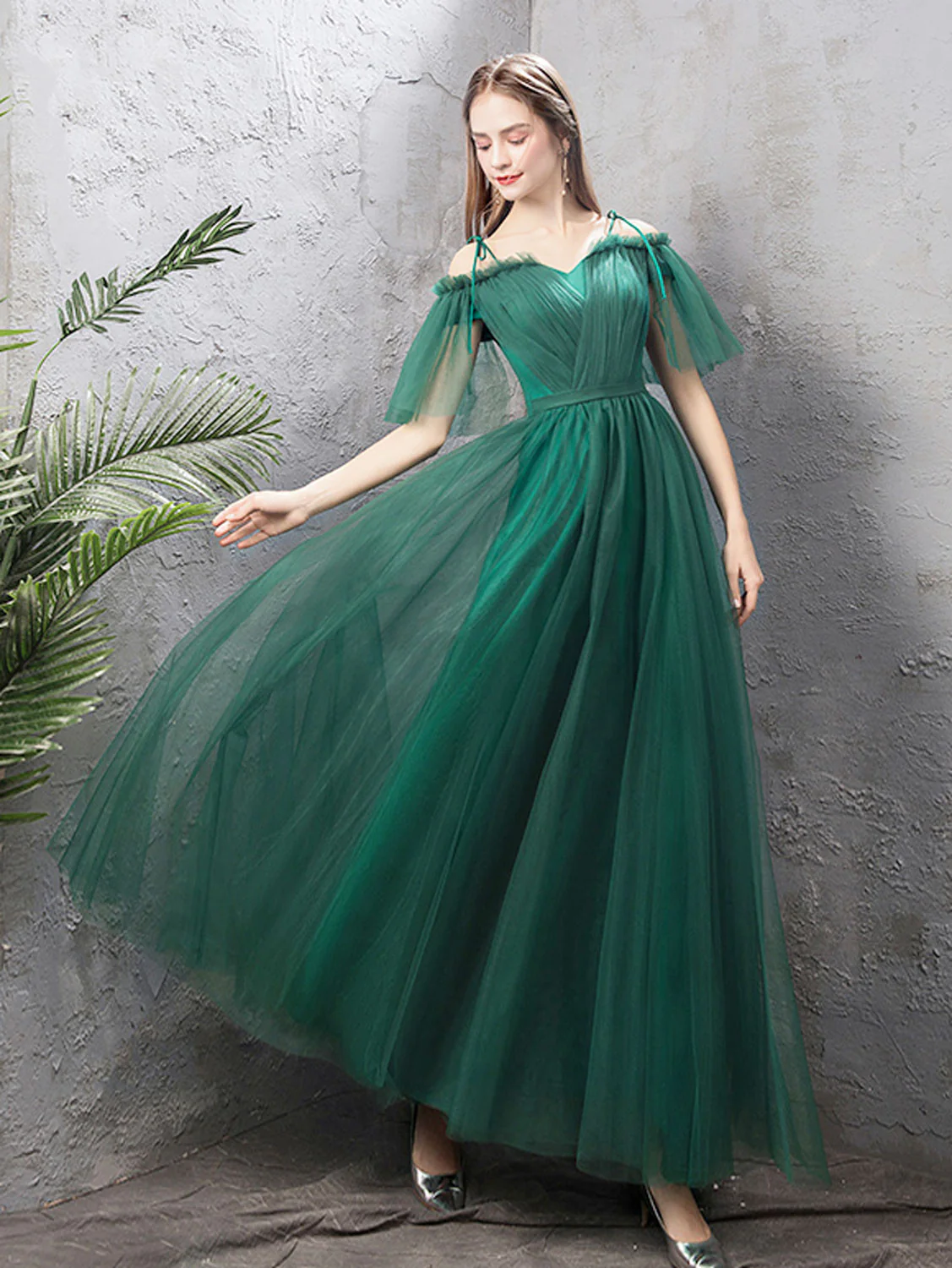 A-Line Off Shoulder Green Tulle Long Prom Dress, Green Formal Dresses - Deanwangkt