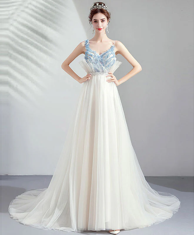 White Tulle Sweetheart Lace Long Prom Dress White Evening Dress - Deanwangkt