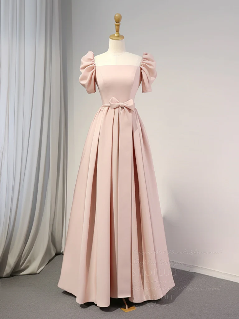 A-Line Puff Sleeves Satin Pink Long Prom Dress, Pink Long Bridesmaid Dress - Deanwangkt