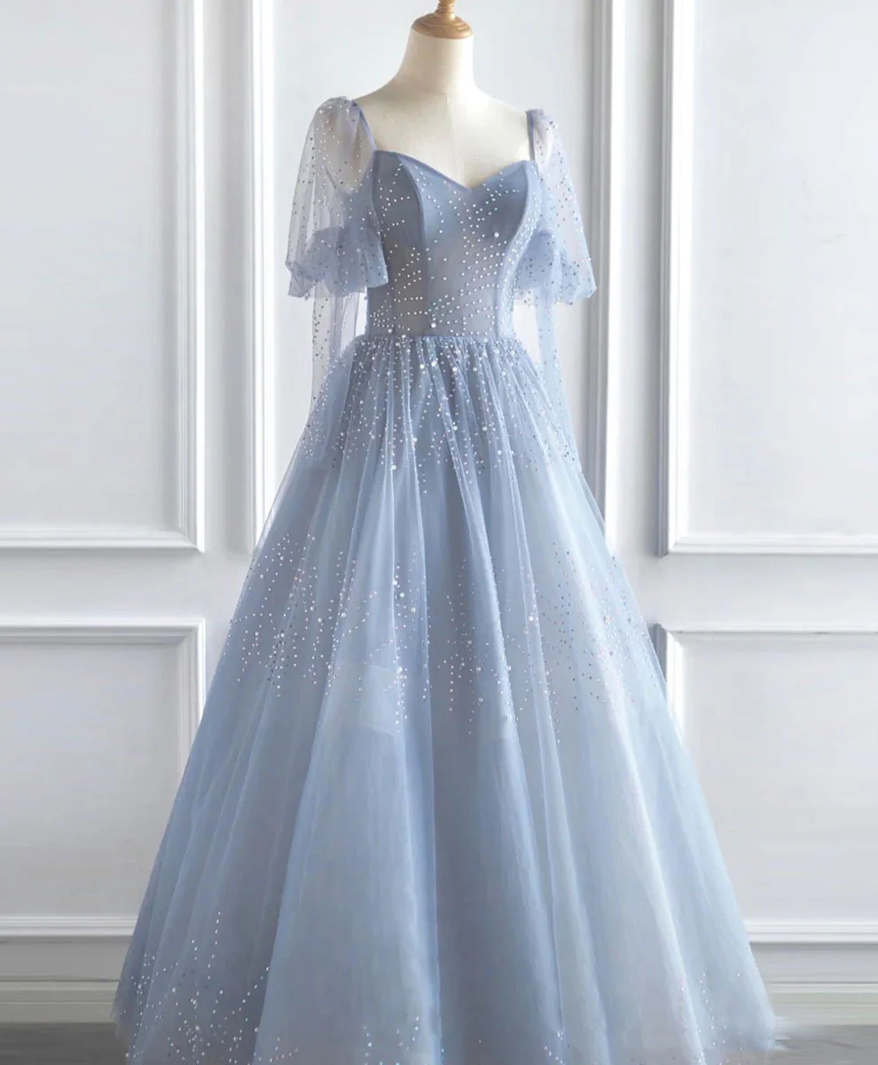 V Neck Tulle Sequin Blue Long Prom Dress, Blue Formal Graduation Dress - Deanwangkt