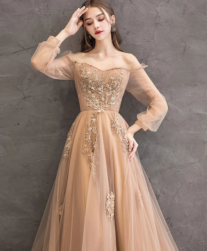 Champagne Tulle Lace Long Prom Dress Champagne Tulle Evening Dress - Deanwangkt