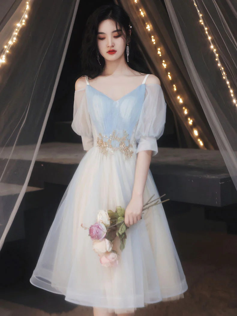 Blue A-line Tulle Lace Short Prom Dress, Blue Homecoming Dress - Deanwangkt