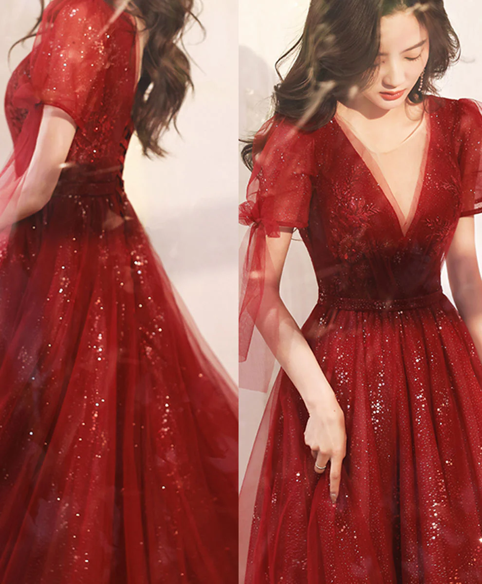 Burgundy V Neck Tulle Lace Long Prom Dress Burgundy Formal Dress - Deanwangkt