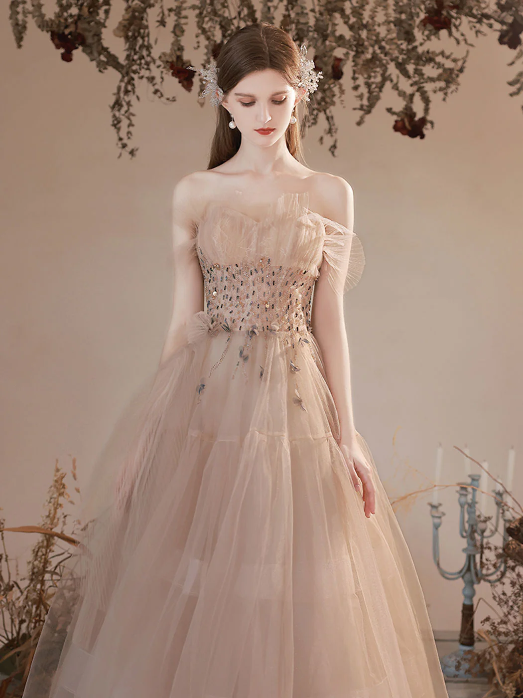 A Line Champagne Long Prom Dresses, Champagne Formal Graduation Dress With Beading sequin - Deanwangkt