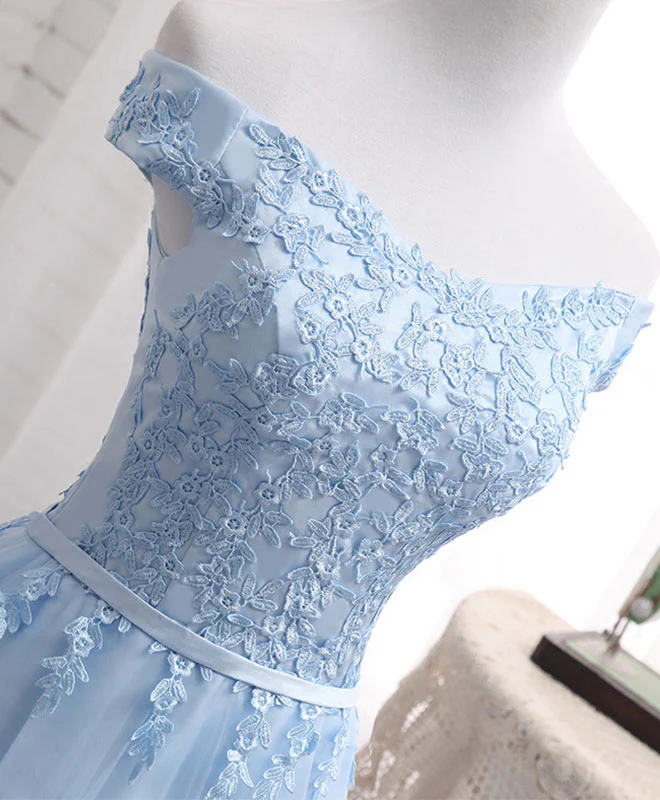 Sky Blue A Line Lace Off Shoulder Prom Dress, Lace Bridesmaid Dresses - Deanwangkt