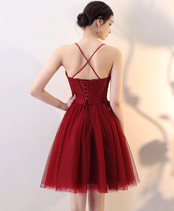 Burgundy Lace Tulle Short Prom Dress, Homecoming Dress - Deanwangkt