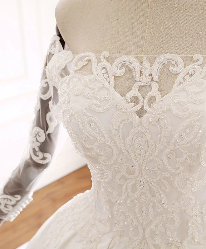 White Lace Satin Long Wedding Dress, Lace Satin Long Bridal Gown - Deanwangkt