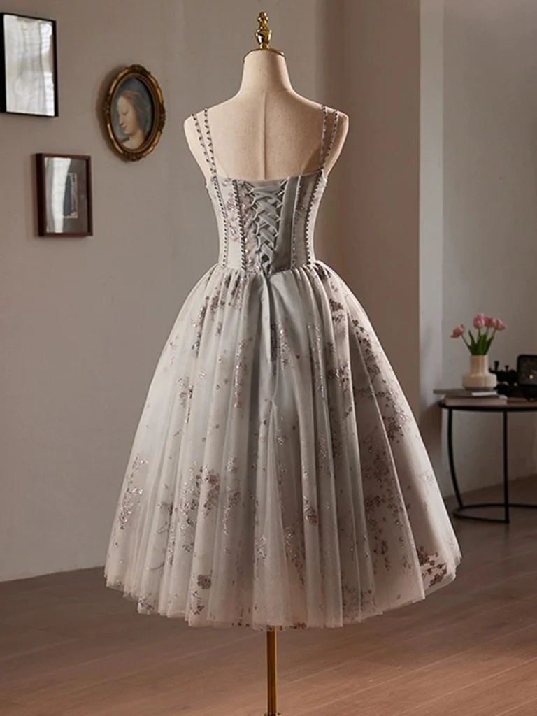A-Line Sweetheart Neck Tulle Sequin Lace Gray Short Prom Dress - Deanwangkt