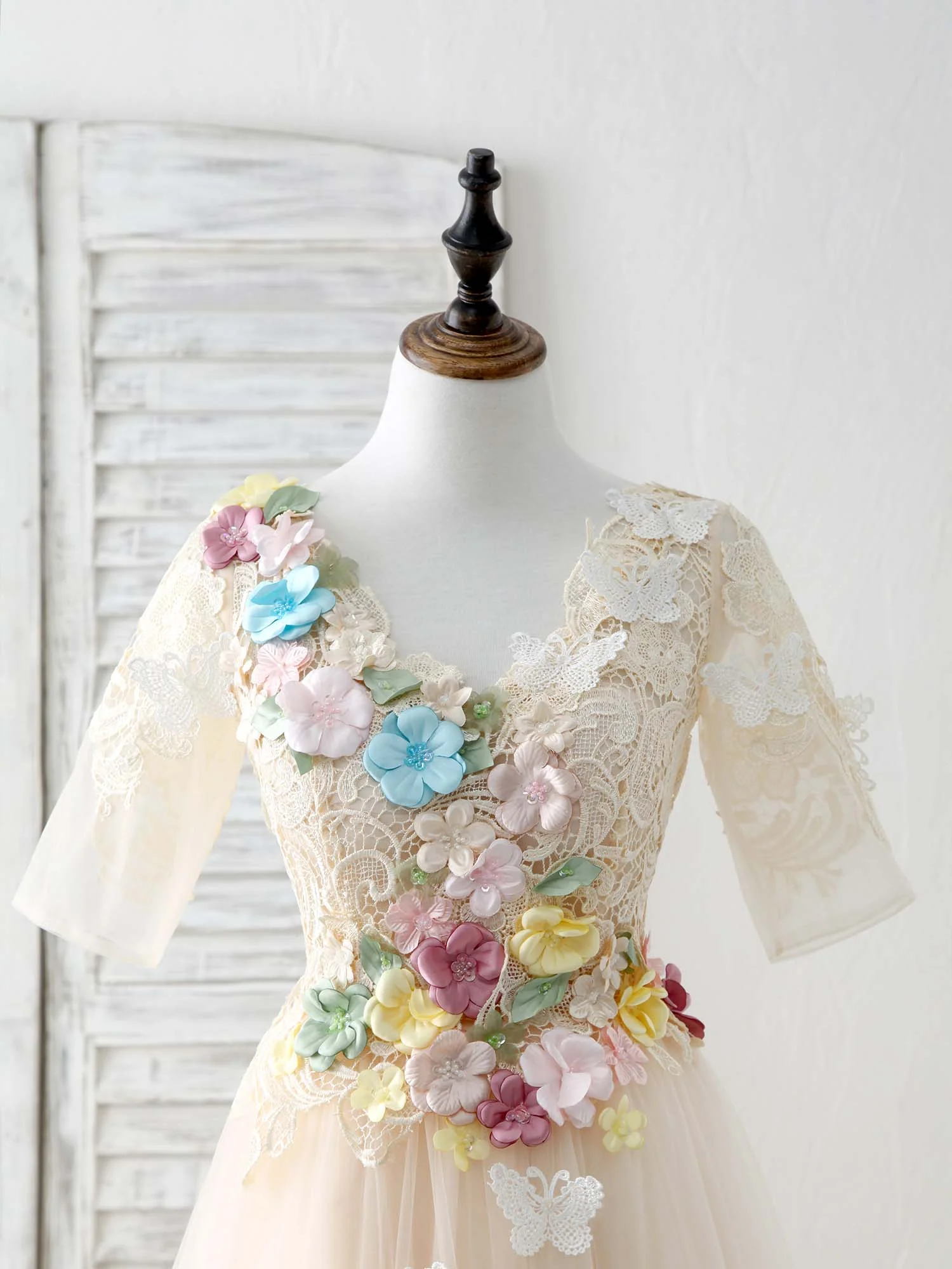 Unique Champagne Lace Applique Tulle Long Prom Dress, Evening Dress - Deanwangkt