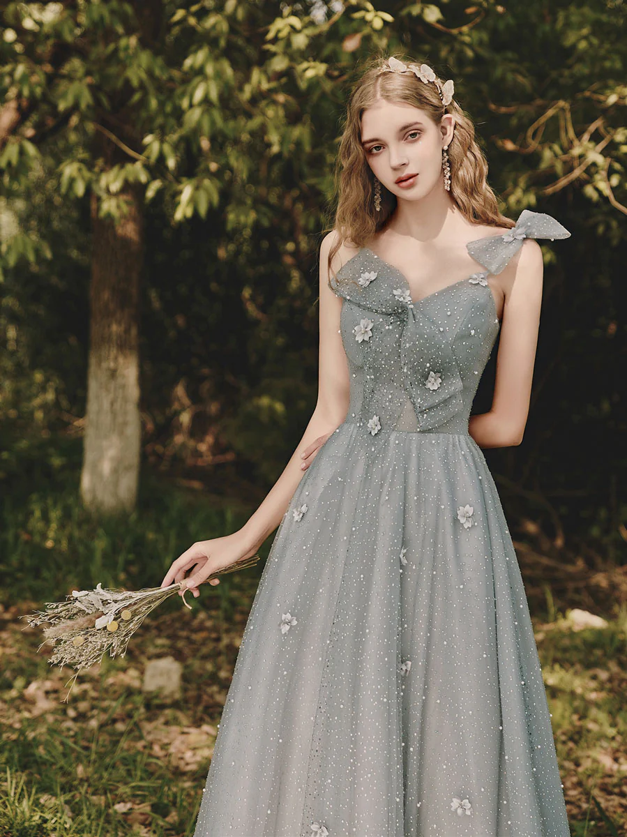 Gray Tulle Sequin Tea Length Prom Dress, Gray Evening Dress - Deanwangkt
