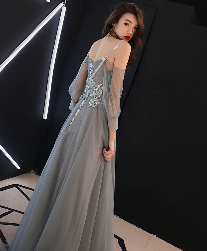 Gray Sweetheart A-Line Tulle Lace Long Prom Dress, Gray Evening Dress - Deanwangkt