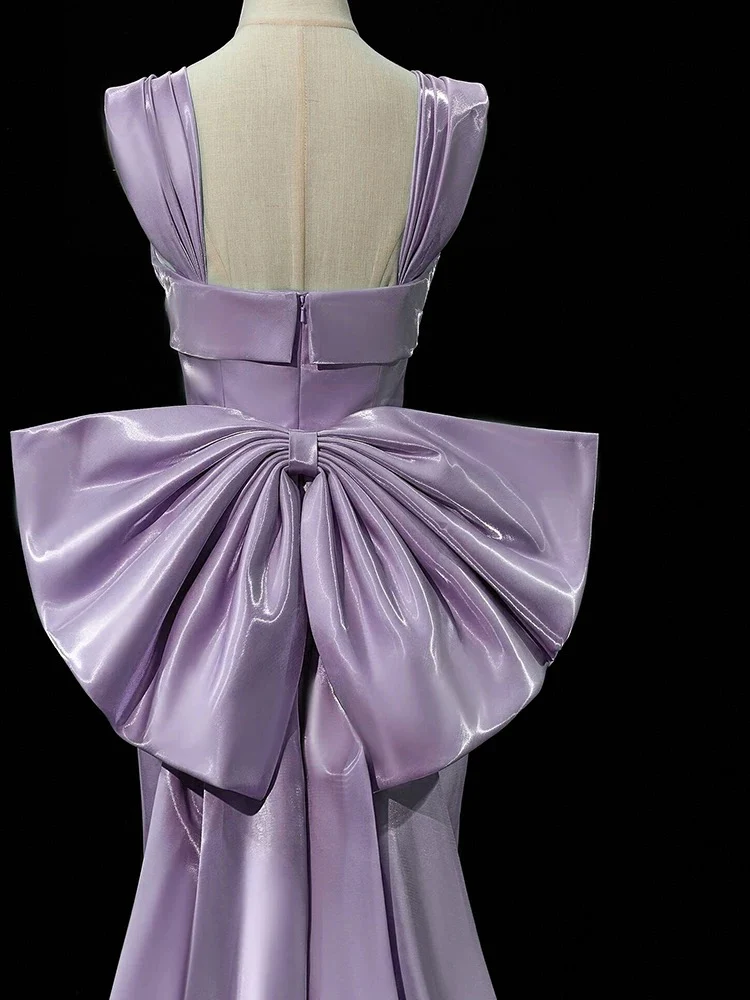 Simple Satin Purple Long Prom Dress, Purple Long Formal Dress with bow tie - Deanwangkt