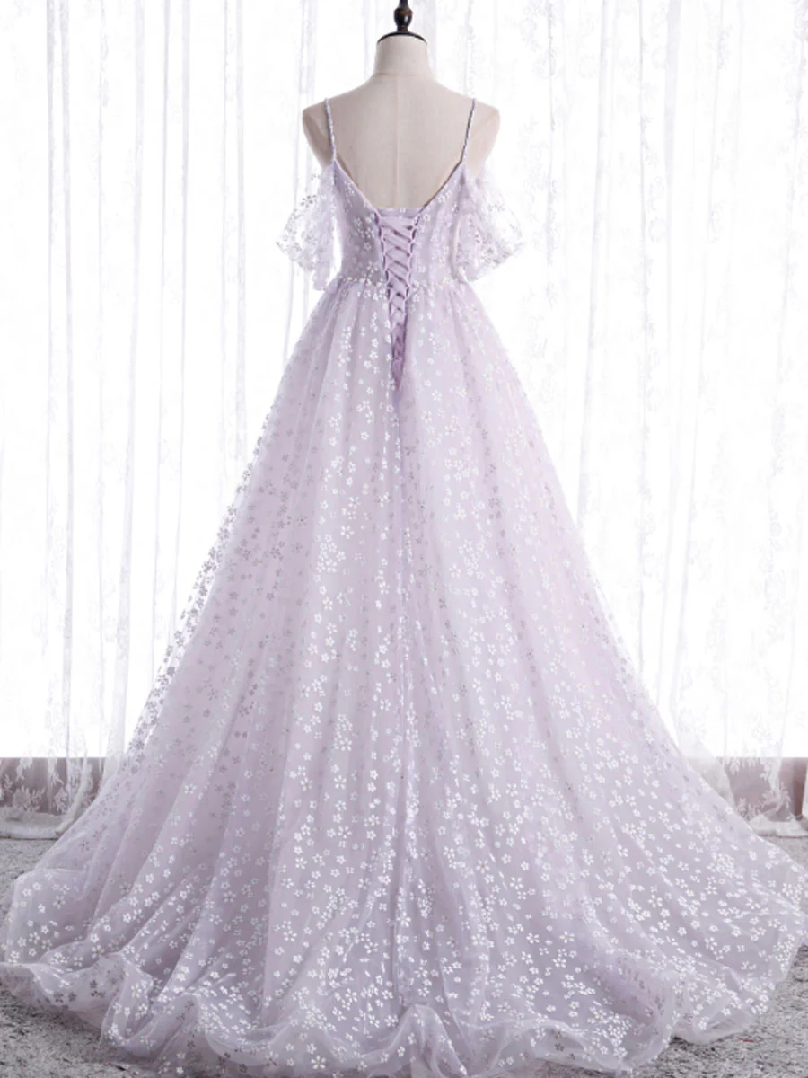 Purple tulle off shoulder long prom dress, purple evening dress - Deanwangkt