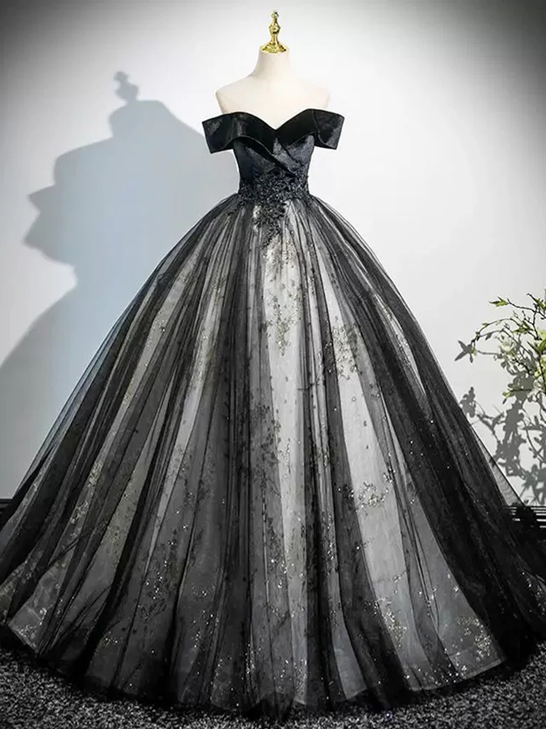 A-Line Off Shoulder Tulle Lace Black Long Prom Dress, Black Long Evening Dress - Deanwangkt