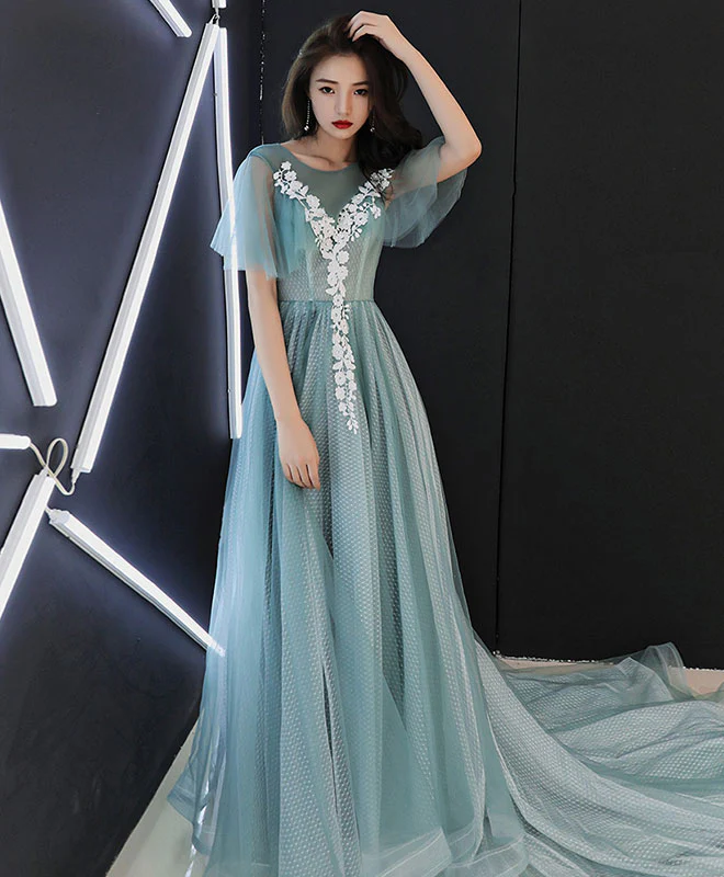 Green Round Neck Tulle Lace Long Prom Dress, Green Evening Dress - Deanwangkt