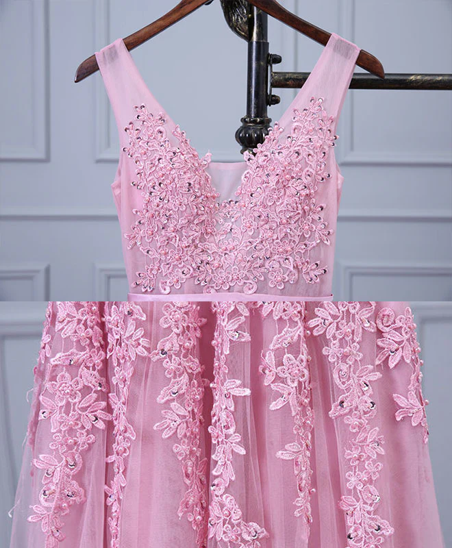Pink V Neck Lace Tulle Long Prom Dress, Lace Evening Dresses - Deanwangkt