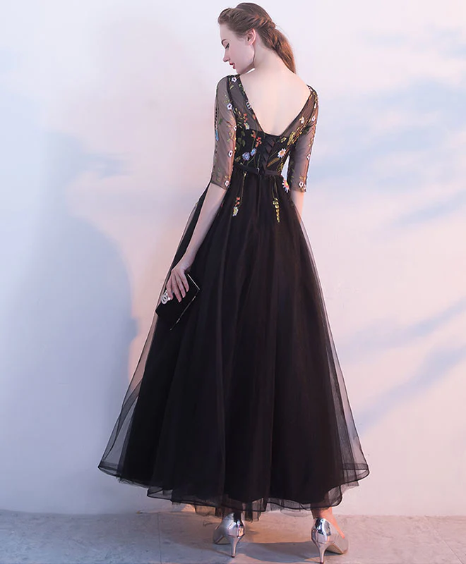 Black Lace Tulle Long Prom Dress, Black Evening Dress - Deanwangkt