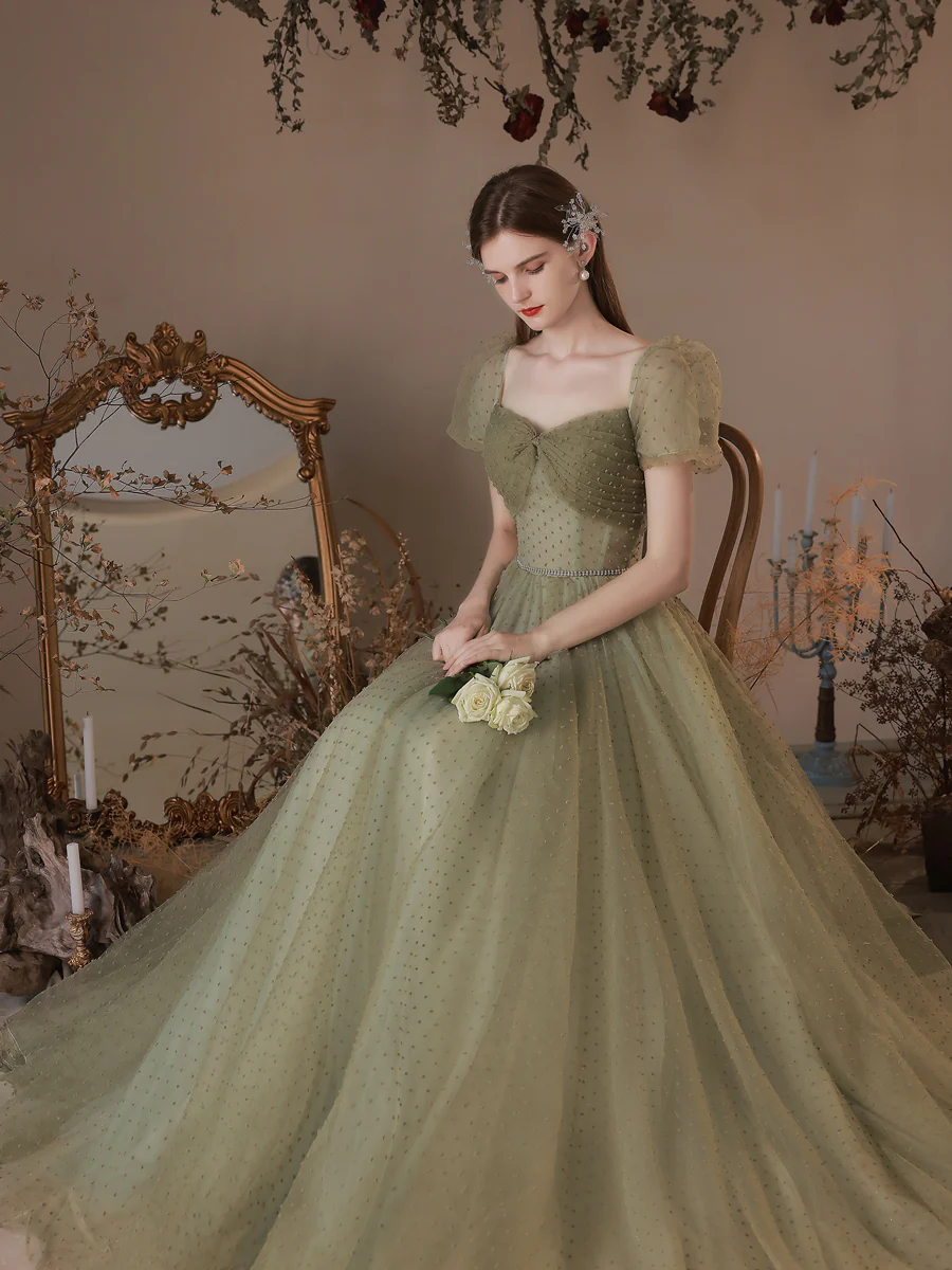 A-Line Green Tulle Long Prom Dresses, Green Tulle Formal Evening Dress - Deanwangkt