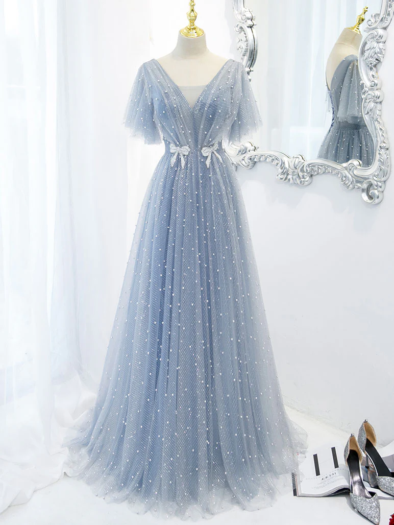 Blue V Neck Tulle Beads Long Prom Dress, Blue Tulle Formal Dress - Deanwangkt