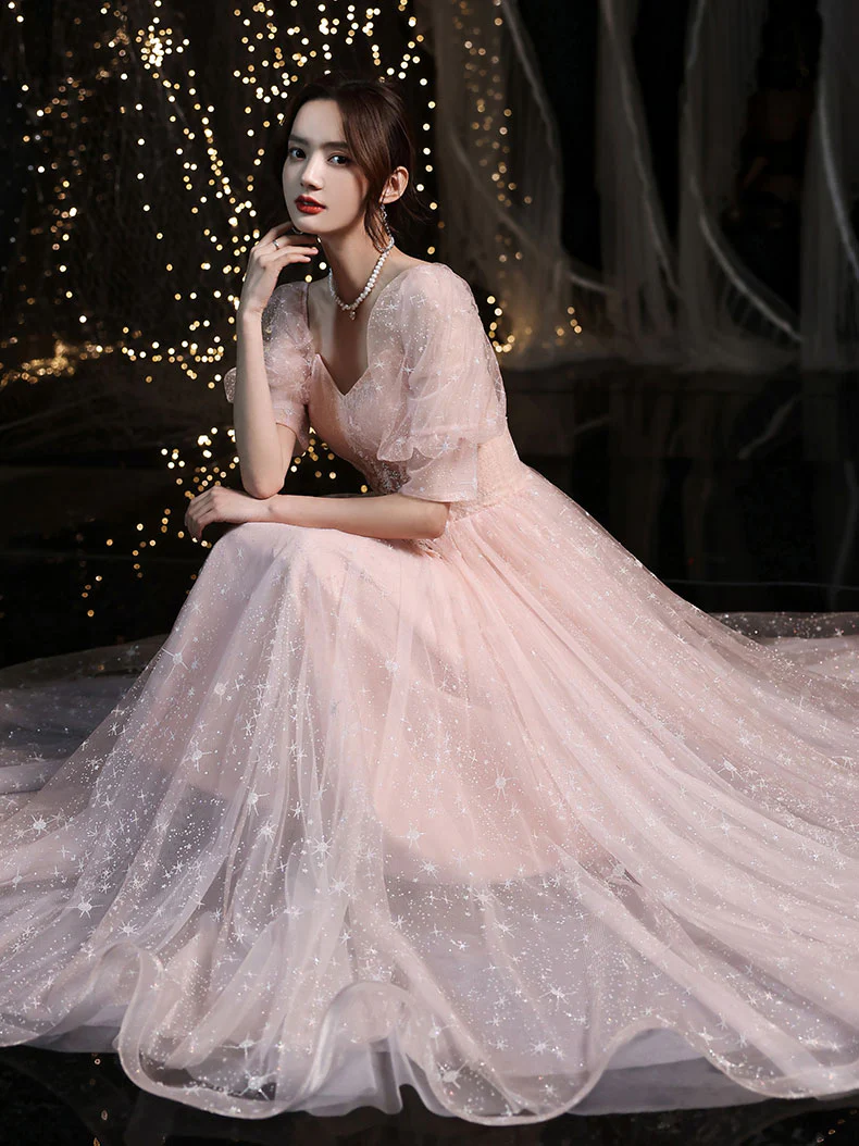Pink Tulle Long Prom Dress, Pink Tulle Evening Dress - Deanwangkt