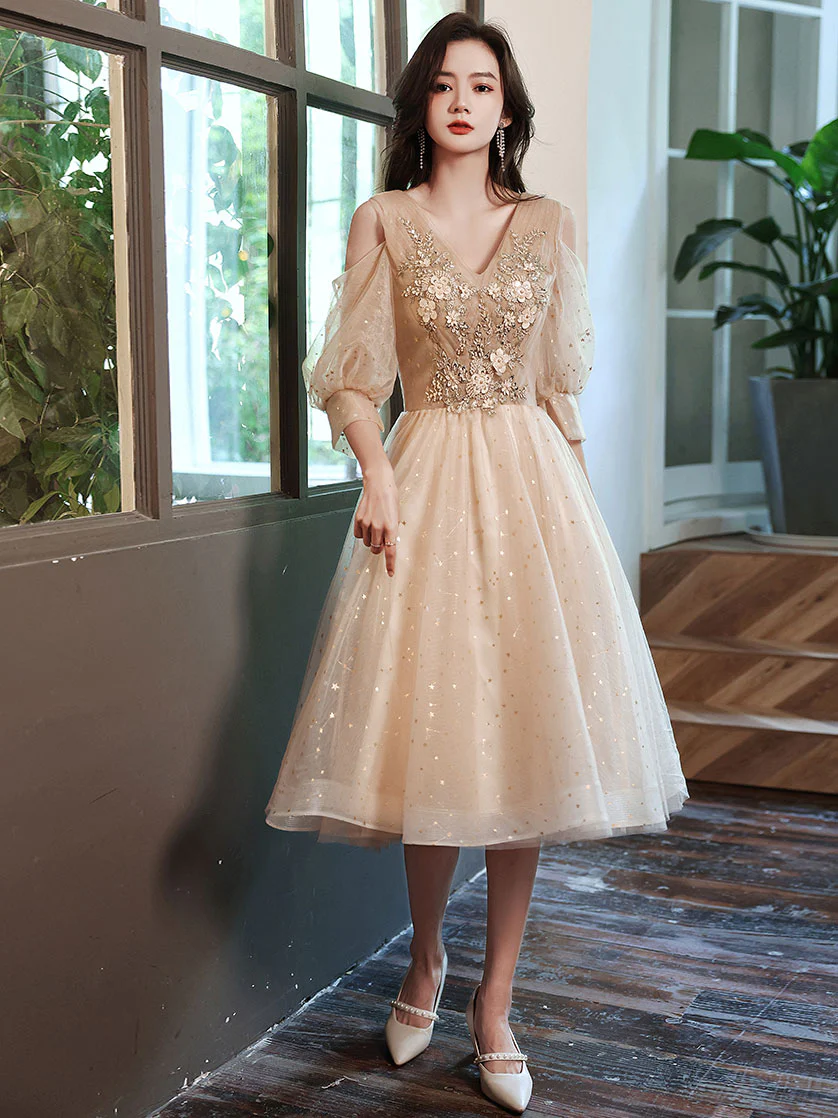 Champagne V Neck Tulle Lace Short Prom Dress, Champagne Homecoming Dress - Deanwangkt