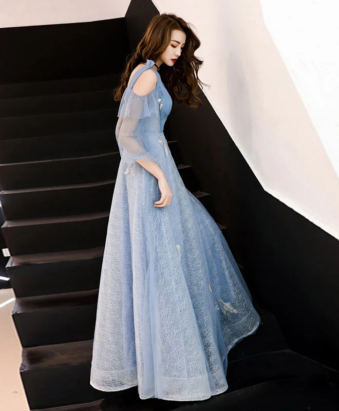 Blue V Neck Tulle Lace Long Prom Dress, Blue Evening Dress - Deanwangkt