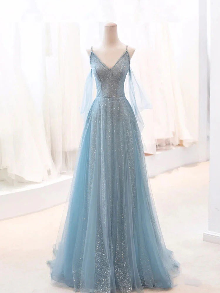 Gray Blue V Neck Tulle Sequin Long Prom Dress, Blue Evening Dress - Deanwangkt
