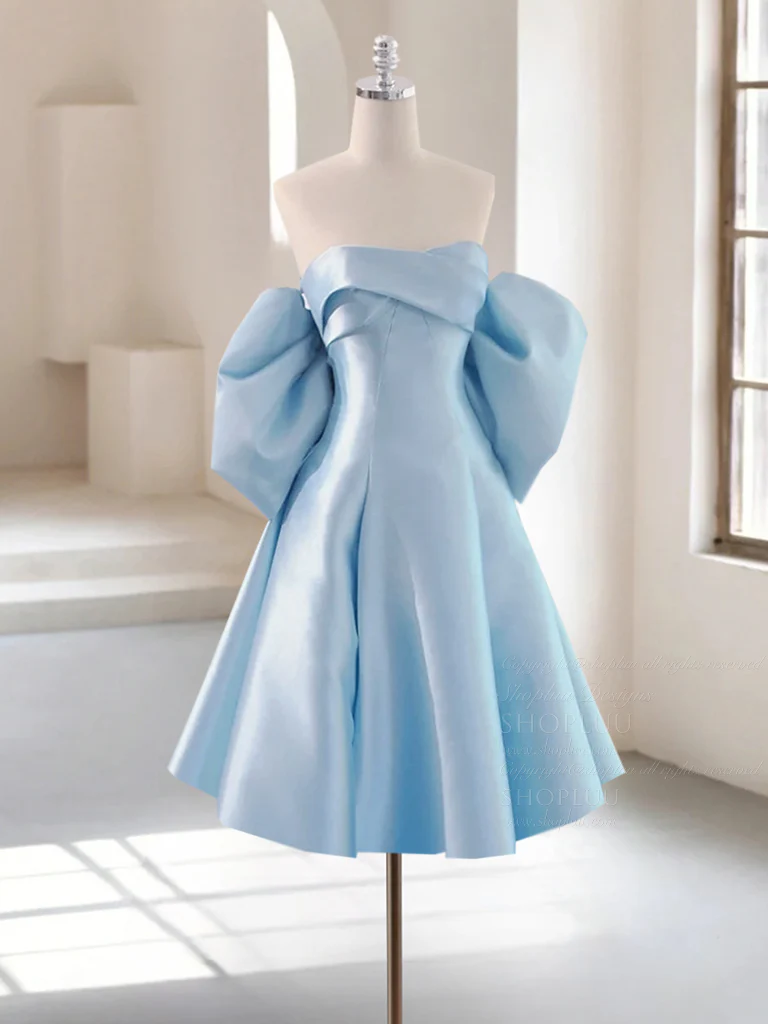 Simple A-Line Satin Blue Short Prom Dress, Blue Homecoming Dress - Deanwangkt