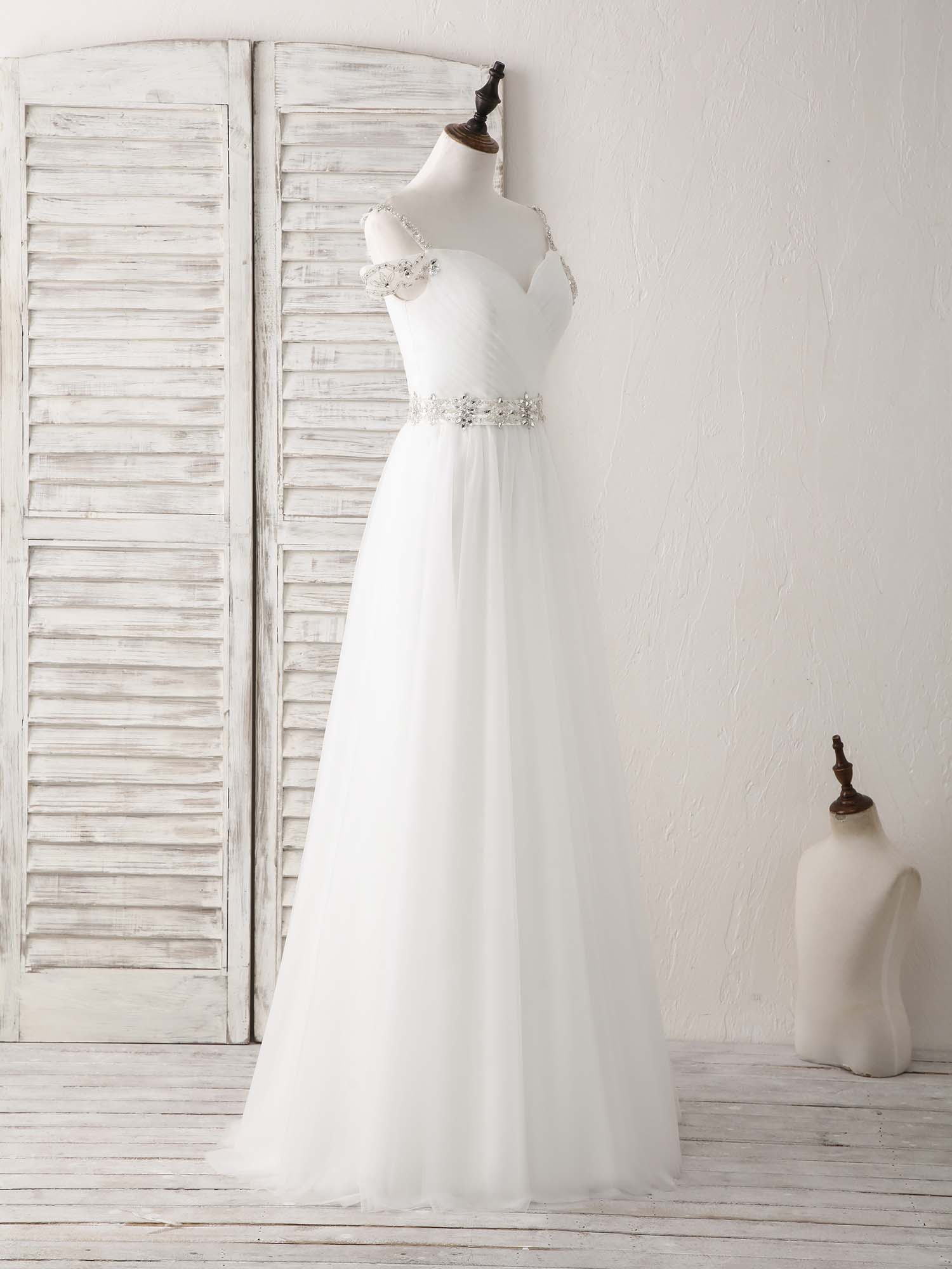 White Off Shoulder Tulle Beads Long Prom Dress White Evening Dress - Deanwangkt