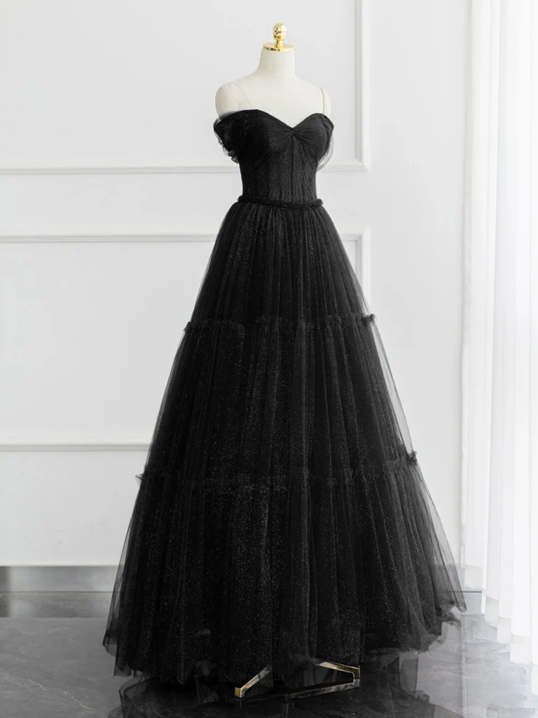 A-line Off Shoulder Tulle Shiny Burgundy Long Prom Dress, Burgundy Long Formal Dress - Deanwangkt