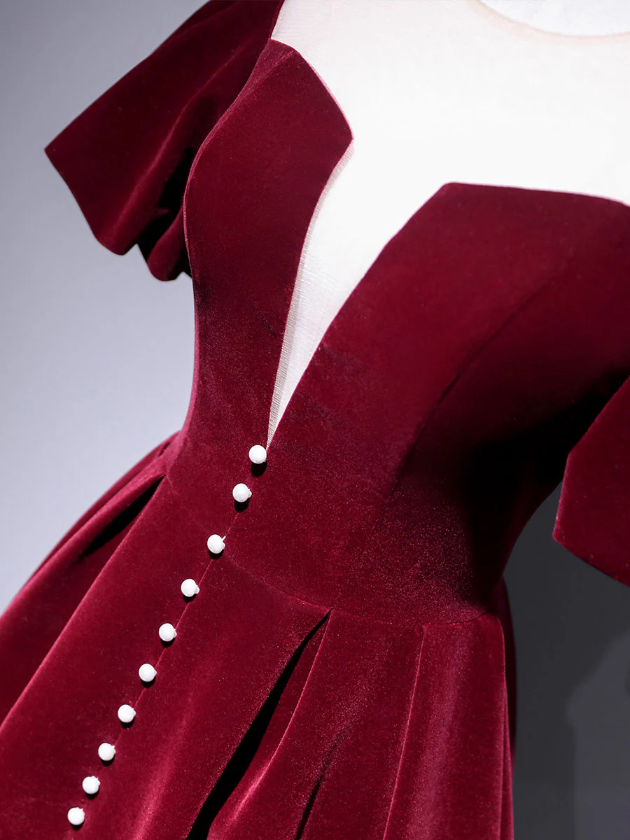 A line Velvet Tea Length Prom Dresses, Burgundy Velvet Bridesmaid Dresses - Deanwangkt