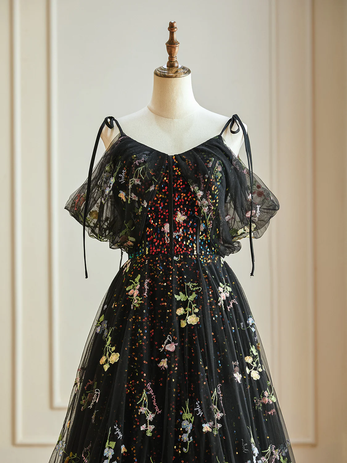 A-Line Off Shoulder Tulle Lace Black Long Prom Dress, Black Formal Dress - Deanwangkt