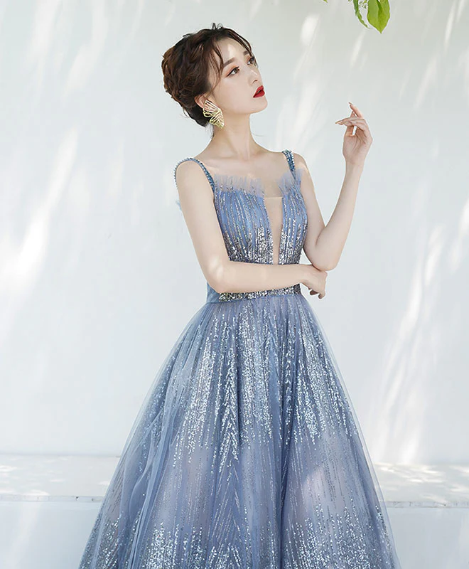 Blue Tulle Sequin Off Shoulder Long Prom Dress Tulle Evening Dress - Deanwangkt