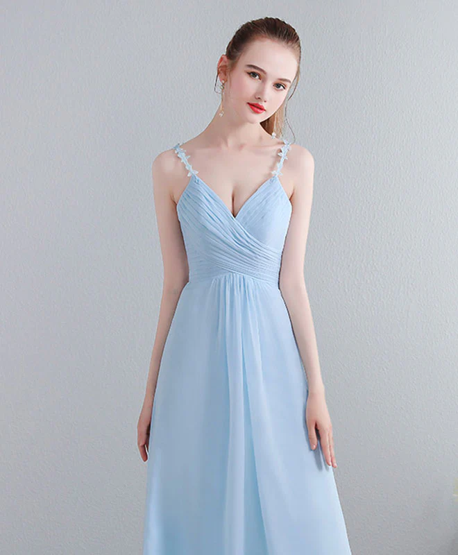 Light Blue V Neck Long Prom Dress, Lace Evening Dress - Deanwangkt