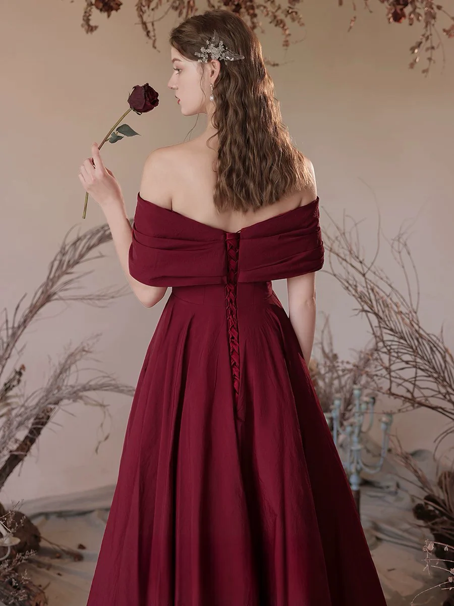 A-Line Off Shoulder Satin Burgundy Long Prom Dress, Burgundy Long Formal Dress - Deanwangkt