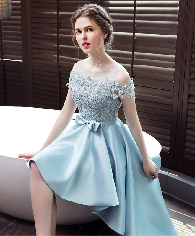 Light Blue Satin Lace Prom Dress, Blue Lace Evening Dress - Deanwangkt