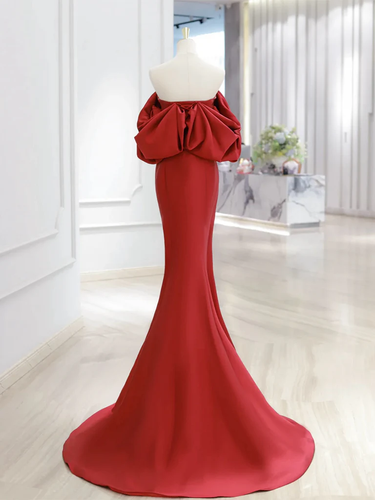 Simple Off Shoulder Satin Red Mermaid Long Prom Dress, Red Long Formal Dress - Deanwangkt