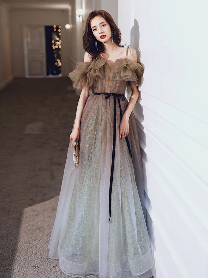 Unique Tulle Off Shoulder Long Prom Dress, Tulle Sequin Evening Dresses - Deanwangkt