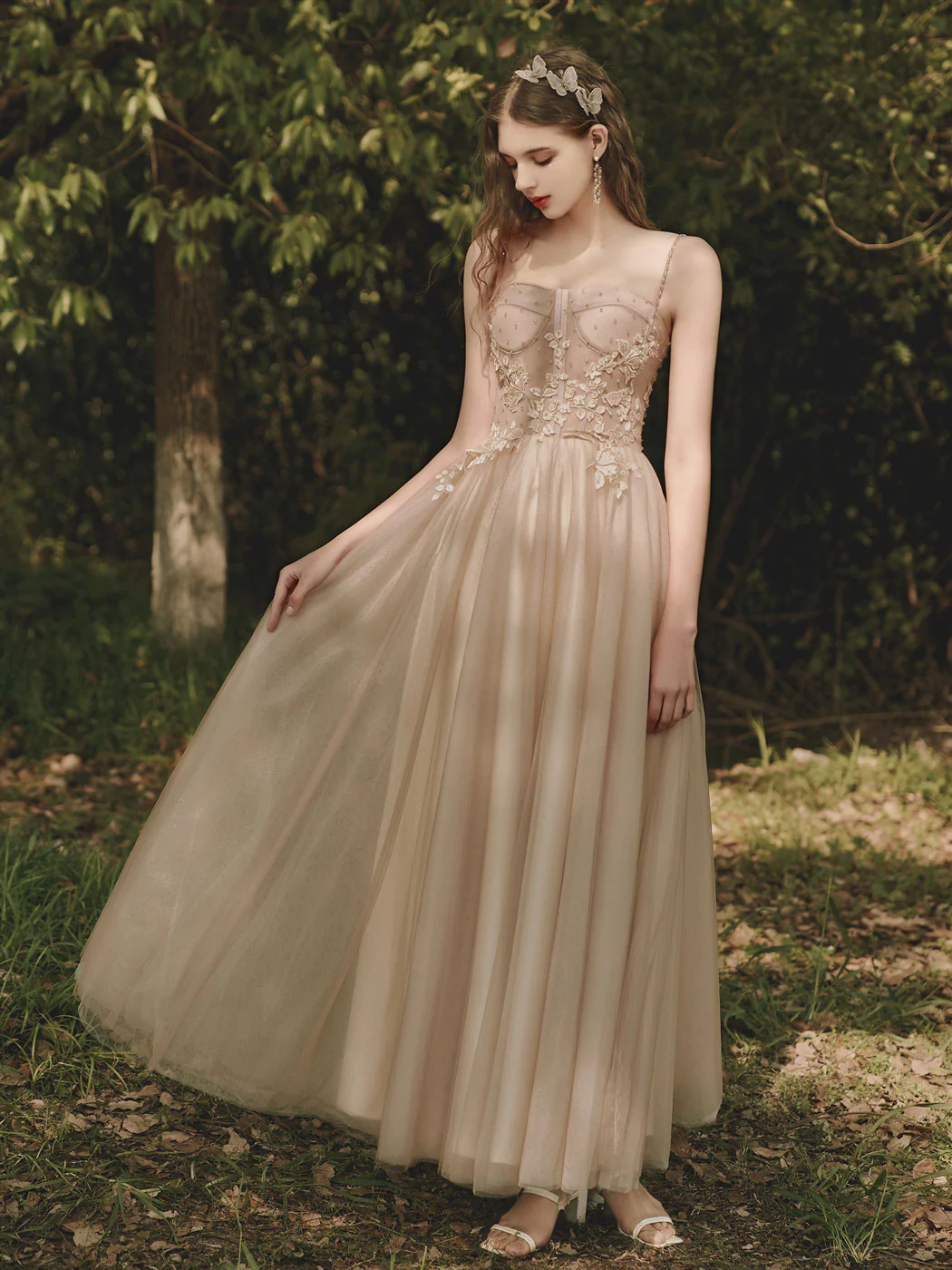 Champagne Tulle Lace Tea Length Prom Dress, Tulle Lace Evening Dress - Deanwangkt