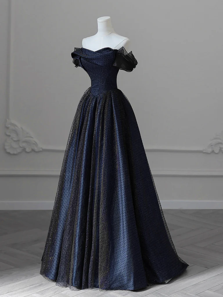 A-line Off Shoulder Satin Tulle Dark Blue Long Prom Dress, Dark Blue Long Formal Dress - Deanwangkt
