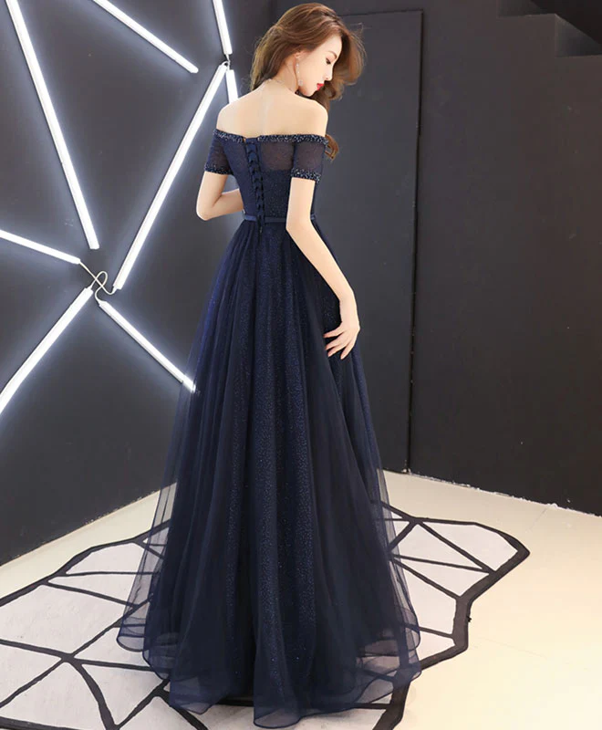 Dark Blue Tulle Long Prom Dress, Blue Tulle Evening Dress - Deanwangkt